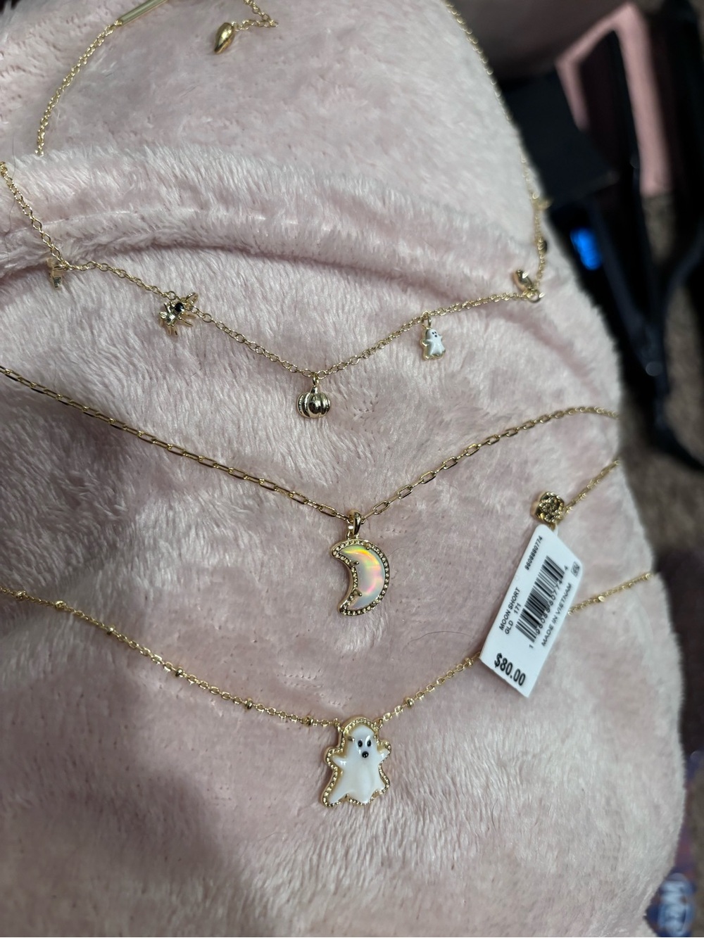 Gold-tone Halloween Charm Necklace Set - Moon & Ghost